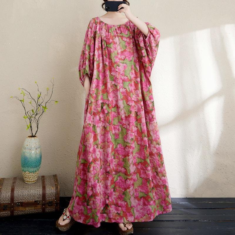 Real Shot Summer New Literary Large Size Loose Printing Round Neck Five-quarter Sleeve Dress Women's Long Dress