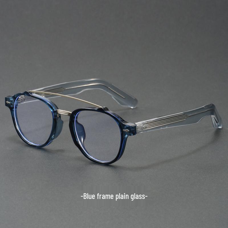 Women's Blue Transparent Double-Beam Acetate Glasses Frame with Flat Lenses & Blue Light Blocking Option