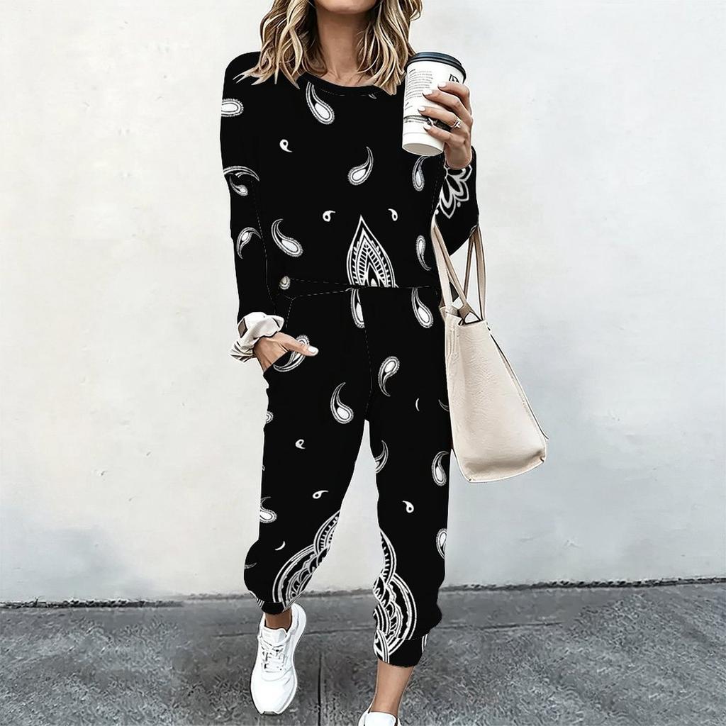 Women Crew Neck Long Sleeve Blouse And High Waist Wide Leg Trousers Two Piece Casual Suit