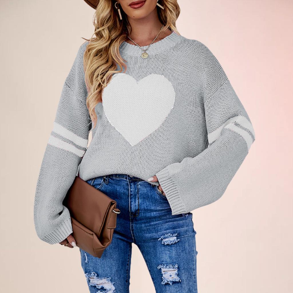 Women's Winter Versatile Long Sleeve Contrast Color Valentine's Day Love Loose Knitted Round Neck Pullover Sweater