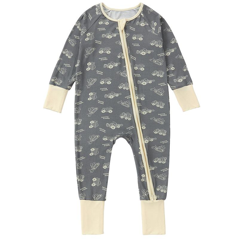 Baby Bamboo Fiber Romper Long Sleeve Double Zipper Footed Pajamas for Spring Autumn Winter