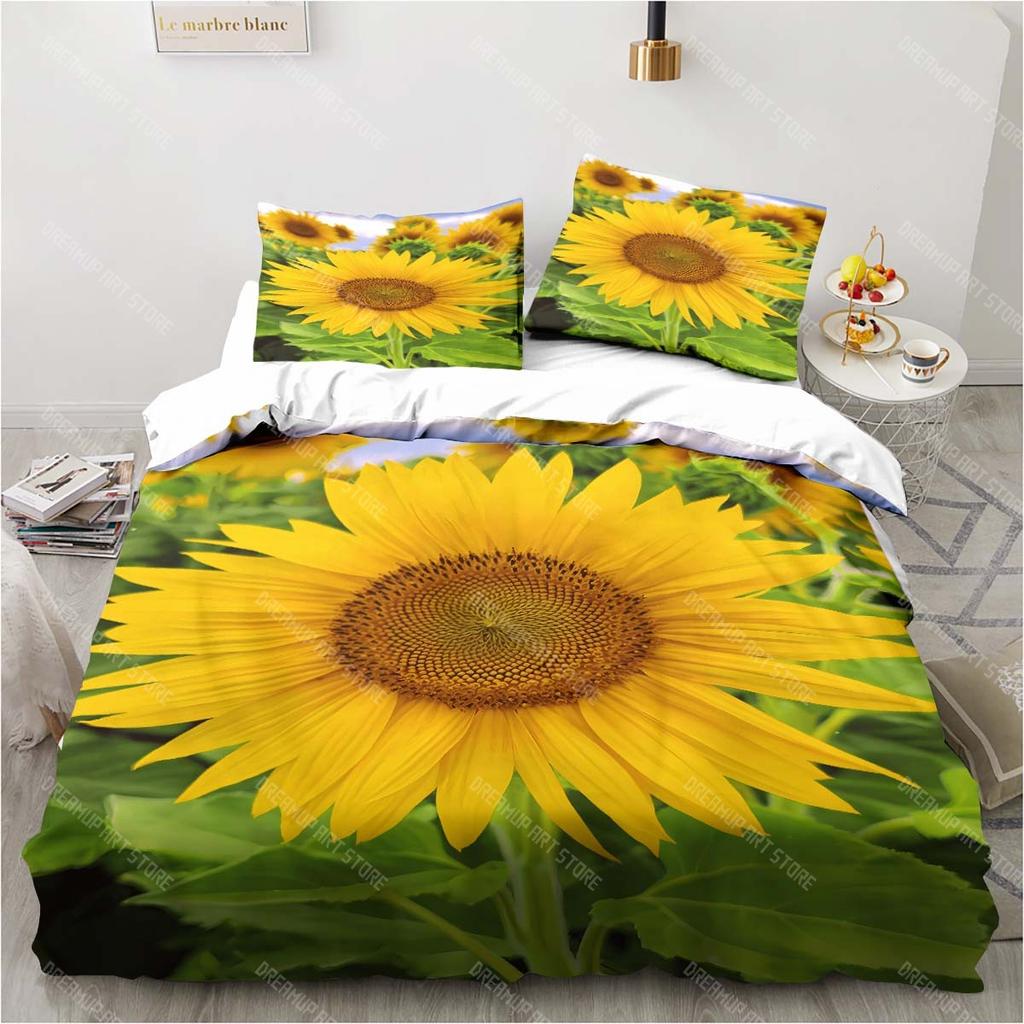 3D Sunflower Printing Set Bedding Floral Pattern Three-piece Set Living Room Bedroom Home Decoration Pillowcase Quilt Cover Gift