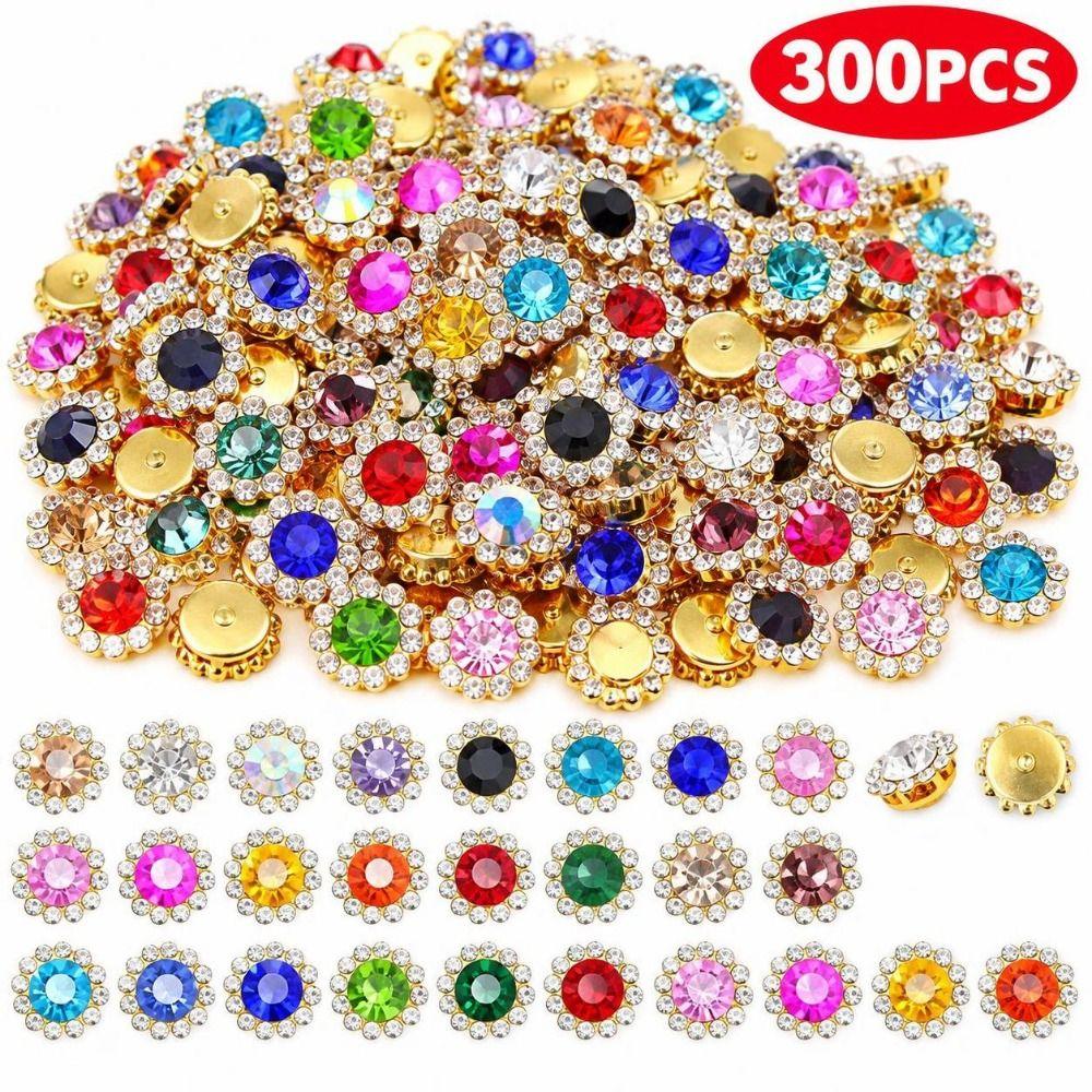 300pcs Assorted Color Rhinestone Buttons Gold Tone Base Flower Rhinestones For Jewelry Making