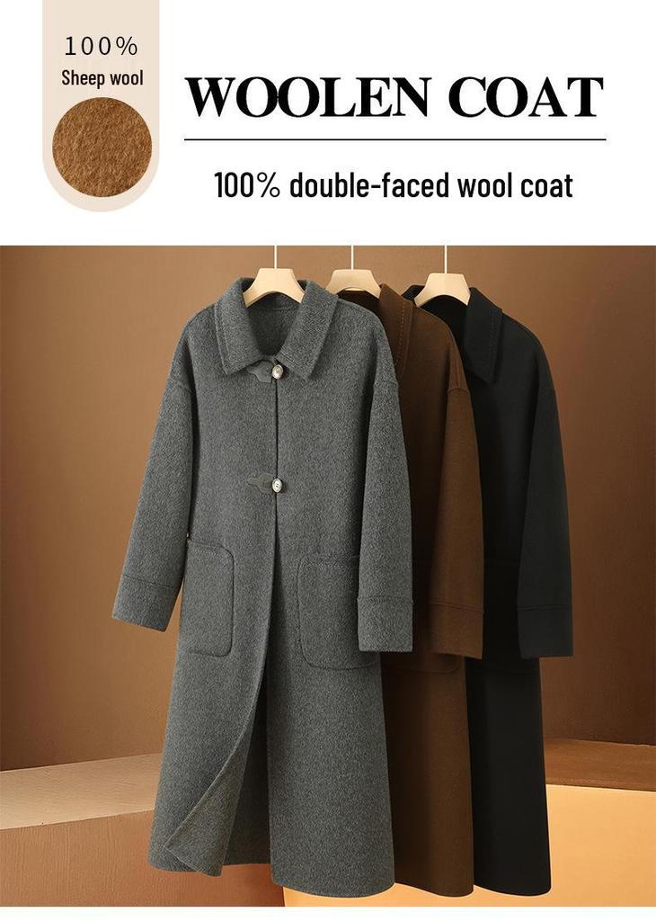 Hepburn Style Women's Double-Faced Wool Coat - Mid-Length, Loose Fit, Autumn/Winter Korean Suit Collar