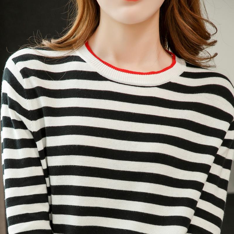 

Женский свитер из гребенной хлопковой пряжи с круглым вырезом в полоску для весны и осени. Хлопковая футболка с длинным рукавом, рубашка Sea Soul, свободная база XXL чёрный
