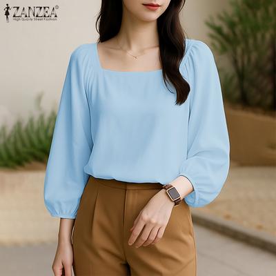 Women Square Collar Nine Quarter Sleeve Solid Elegant Blouses