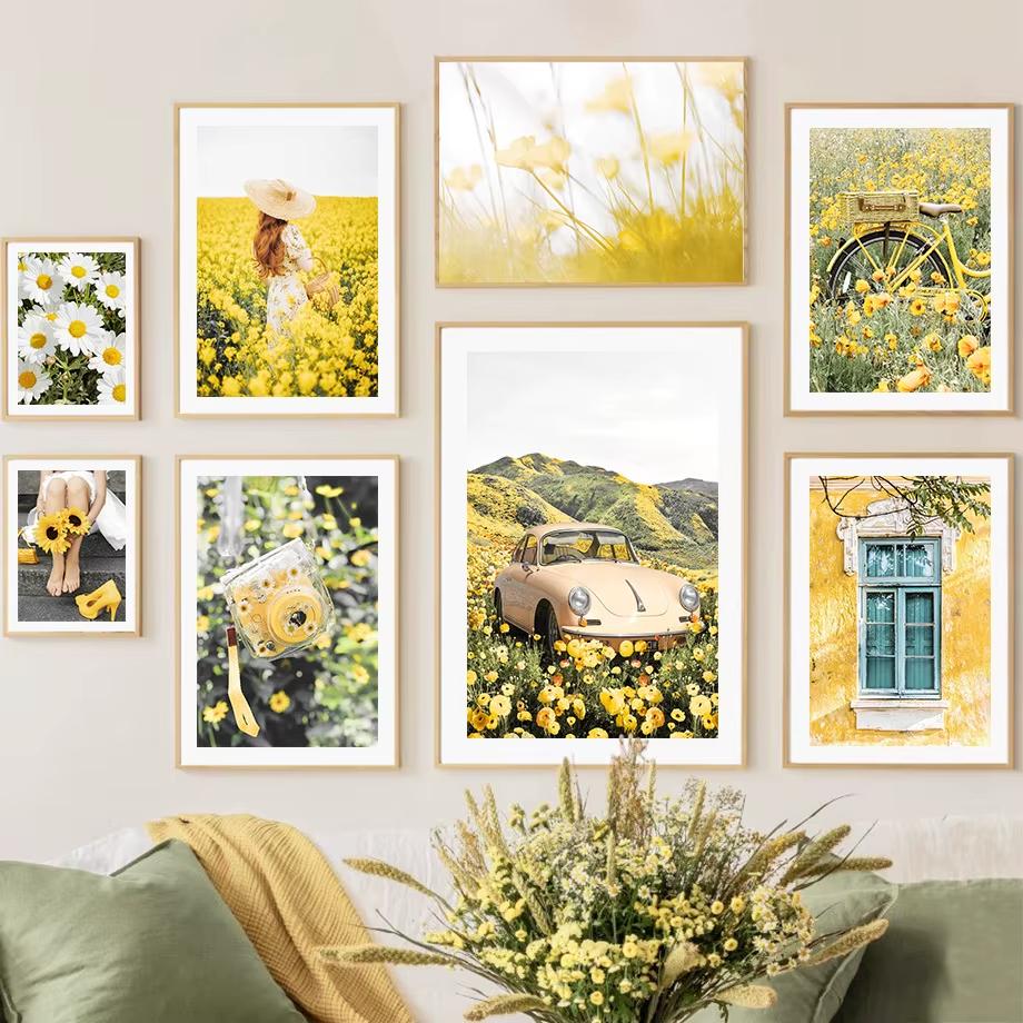 Wall Art Canvas Painting Sunflower Lemon Farmhouse Car Spring Nature Landscape Yellow Posters Picture For Living Room Home Decor