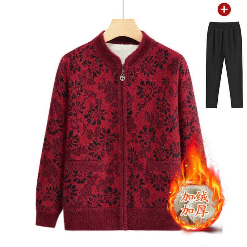Middle-aged and Elderly Mothers Wear Spring and Autumn Knitted Cardigan Sweater Jacket Crew Neck Printed Top Loose Casual Women's Clothes