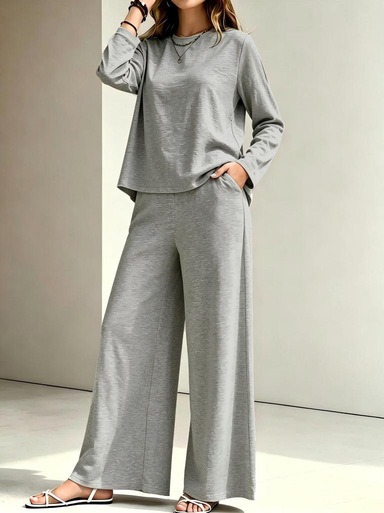 2026 spring and summer new cross-border women's clothing round neck long sleeve high waist wide leg pants fashion casual suit