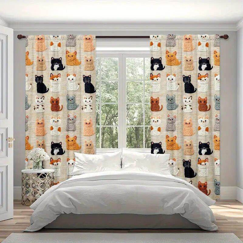 Cartoon Cat Printed Curtains Christmas Decorations Bedroom Living Room Home Decoration Curtain Made Of Polyester Washable Sitting Ready