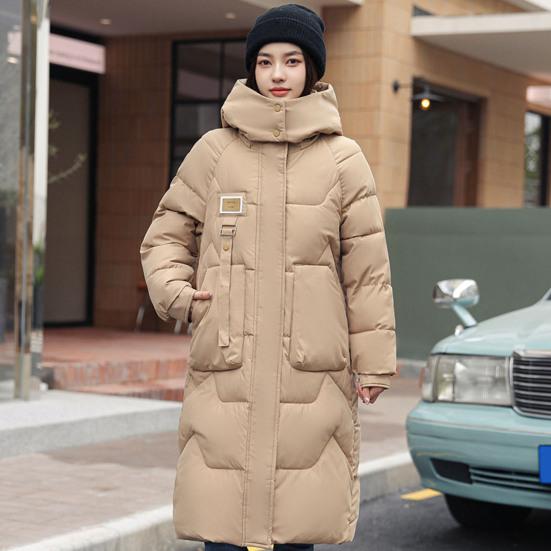 Winterjacke aus Baumwolle für Damen, abnehmbare Kapuze, Nackenschutz, lange Ärmel, Taschen, knielang, Reißverschluss, gepolsterter Mantel, einfarbig, winddicht