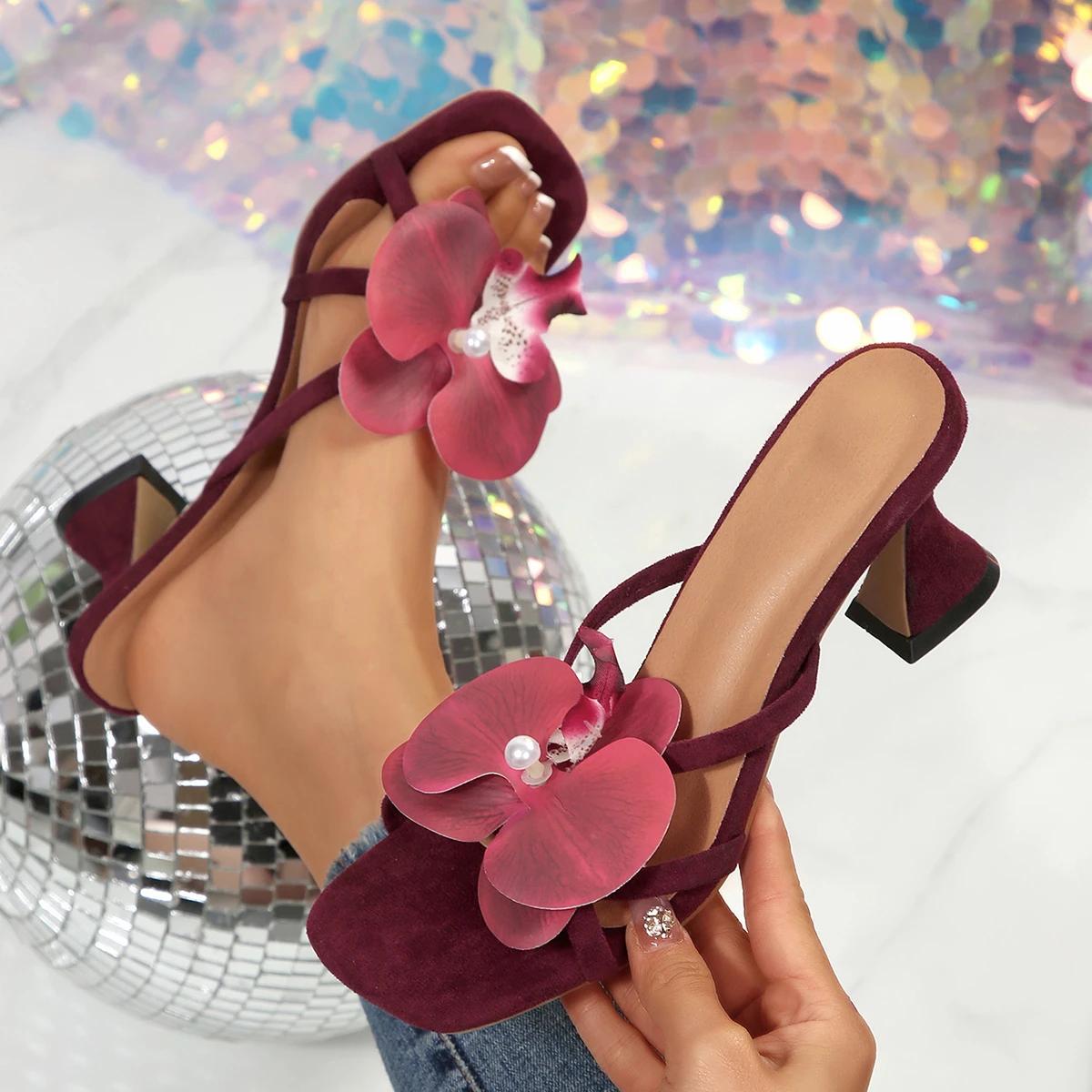 

Fashion Women Sandals Floral Square Toe Slingback Shoes for Women 2025 New Flower Summer High Heeled Sandals Women Sandalias De Mujer 35 вино красного