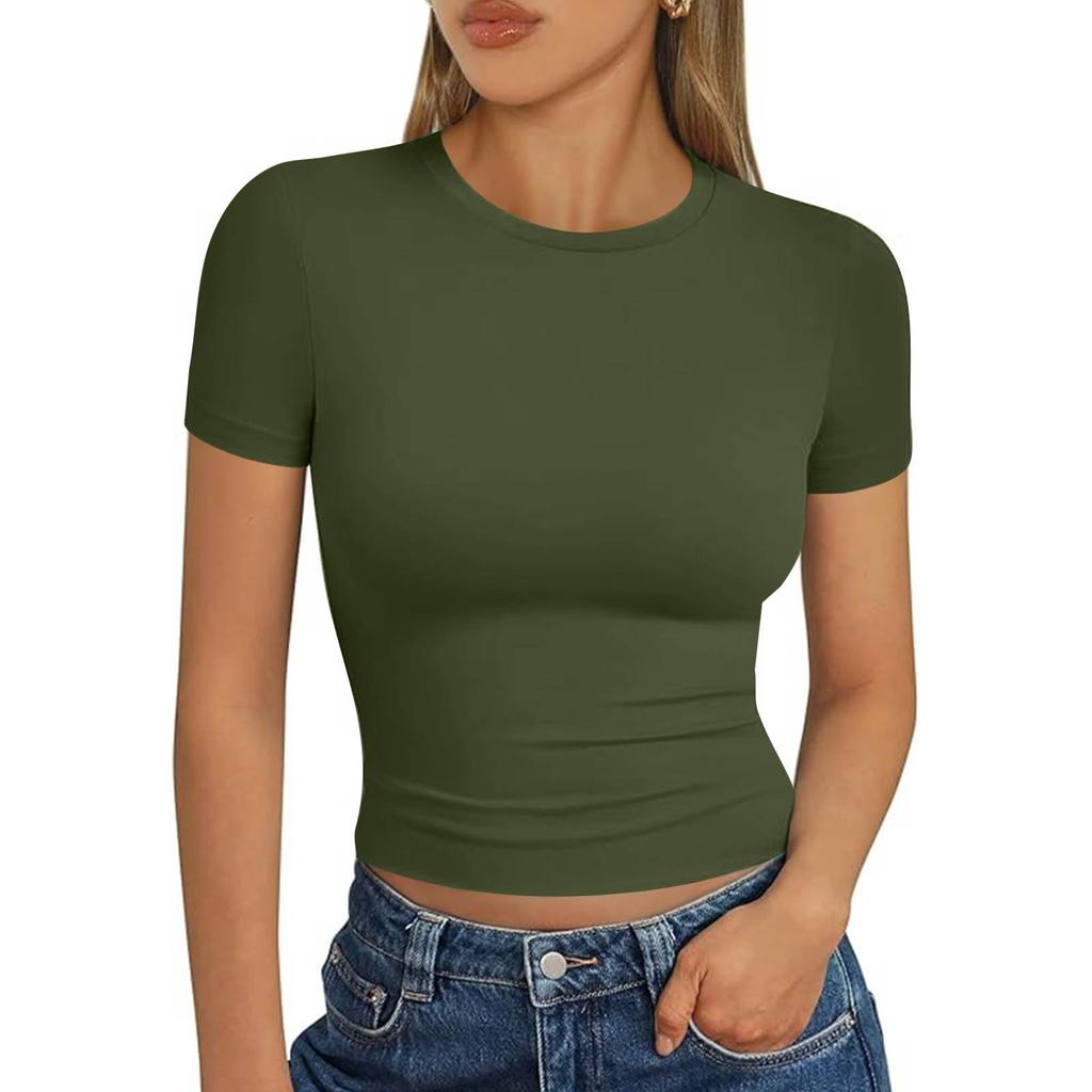 Ladies Summer Fashion Casual Color Round Neck Short Sleeve Slim Ribbed Top