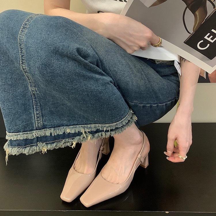 French Silver Temperament Bag Head Sandals Fairy Shoes 2024 New Summer Black Square Head High Heels Single Shoes