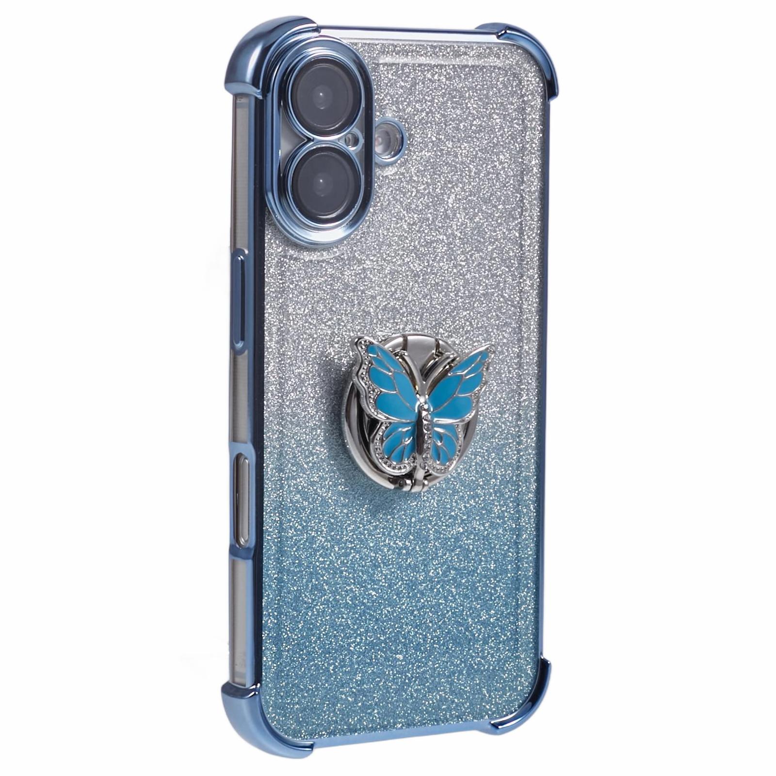

For iPhone 16 Case Butterfly Kickstand Glitter TPU Shockproof Phone Cover - Blue