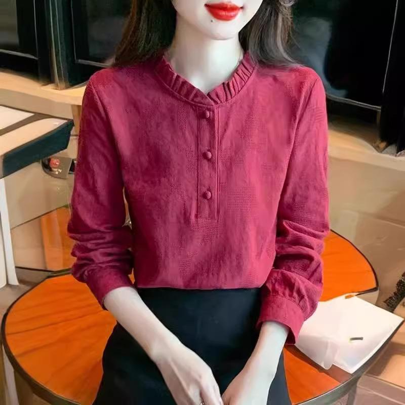 Bottoming Shirt Long-sleeved Spring and Autumn New Temperament Shirt Top Lotus Leaf Collar Jacquard Cotton and Linen Women's Commuting