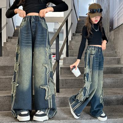 Kids Luxury Baggy Jeans with Side Stripe for Tween Girl Stylish Street Hip Hop Denim Pants Teens Child Star Trousers
