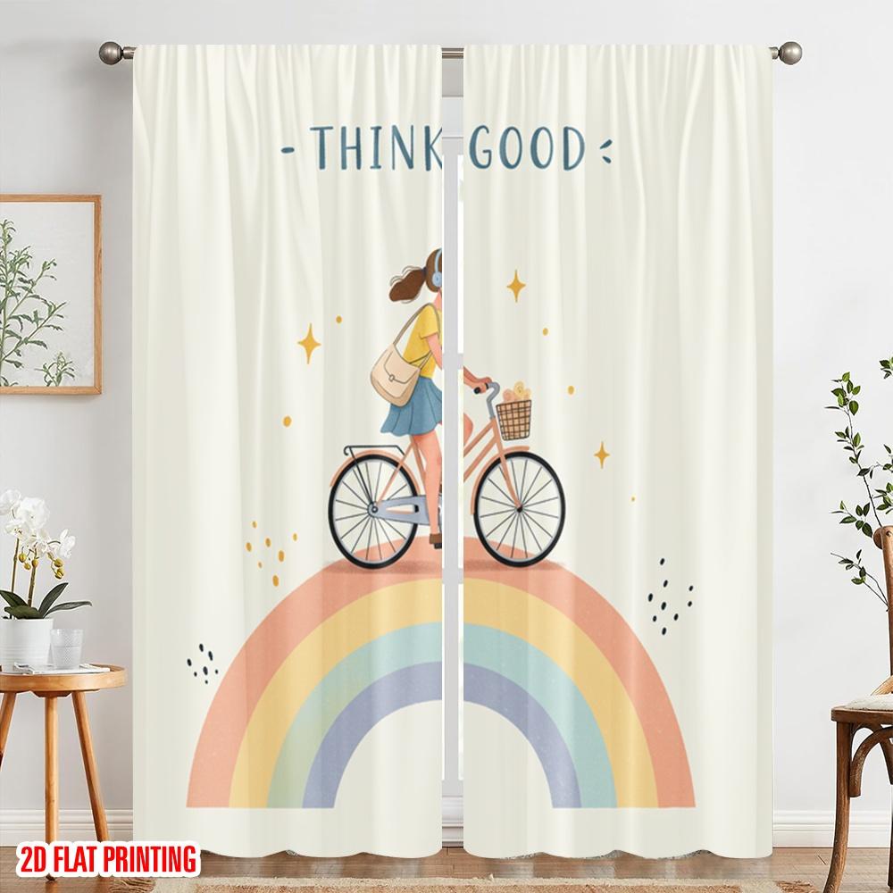 2pcs 2D Flat Printing Party Curtains Think Good Bike Ride Polyester Without Electricity 0 Use for Booths Studio Props