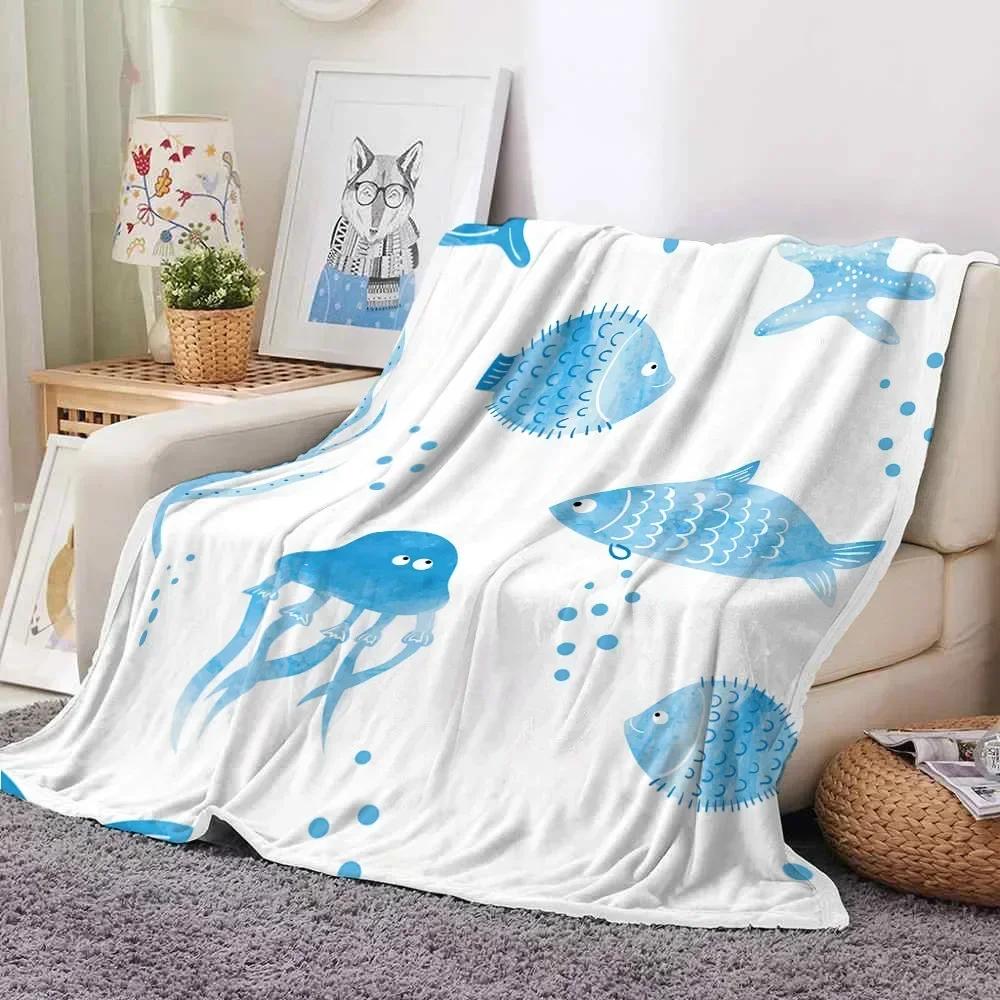 Fish Flannel Throw Blanket Jellyfish Ocean Animals for All Season Gift Couch Sofa Living Room Queen Size Lightweight Boys Girls
