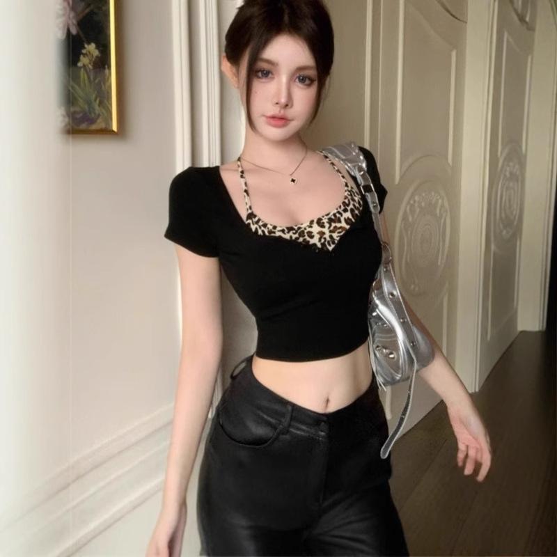 Leopard Print Two-Piece Look Halter Tie Short Sleeve Slim Fit Bodycon Top