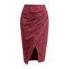 Women's Solid Color Pleated Suede Skirt High Waisted Buckle Wrapped Hip Short Skirt Middle Skirt
