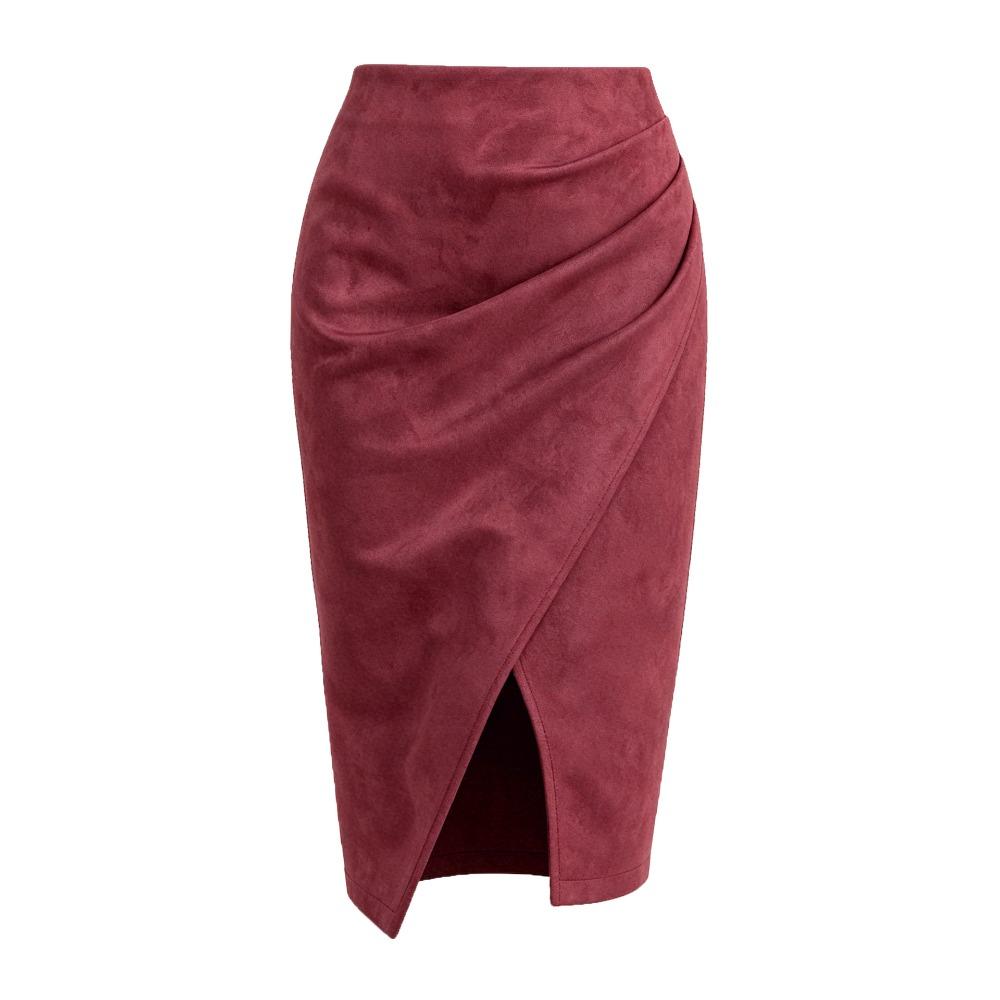 Women's Solid Color Pleated Suede Skirt High Waisted Buckle Wrapped Hip Short Skirt Middle Skirt
