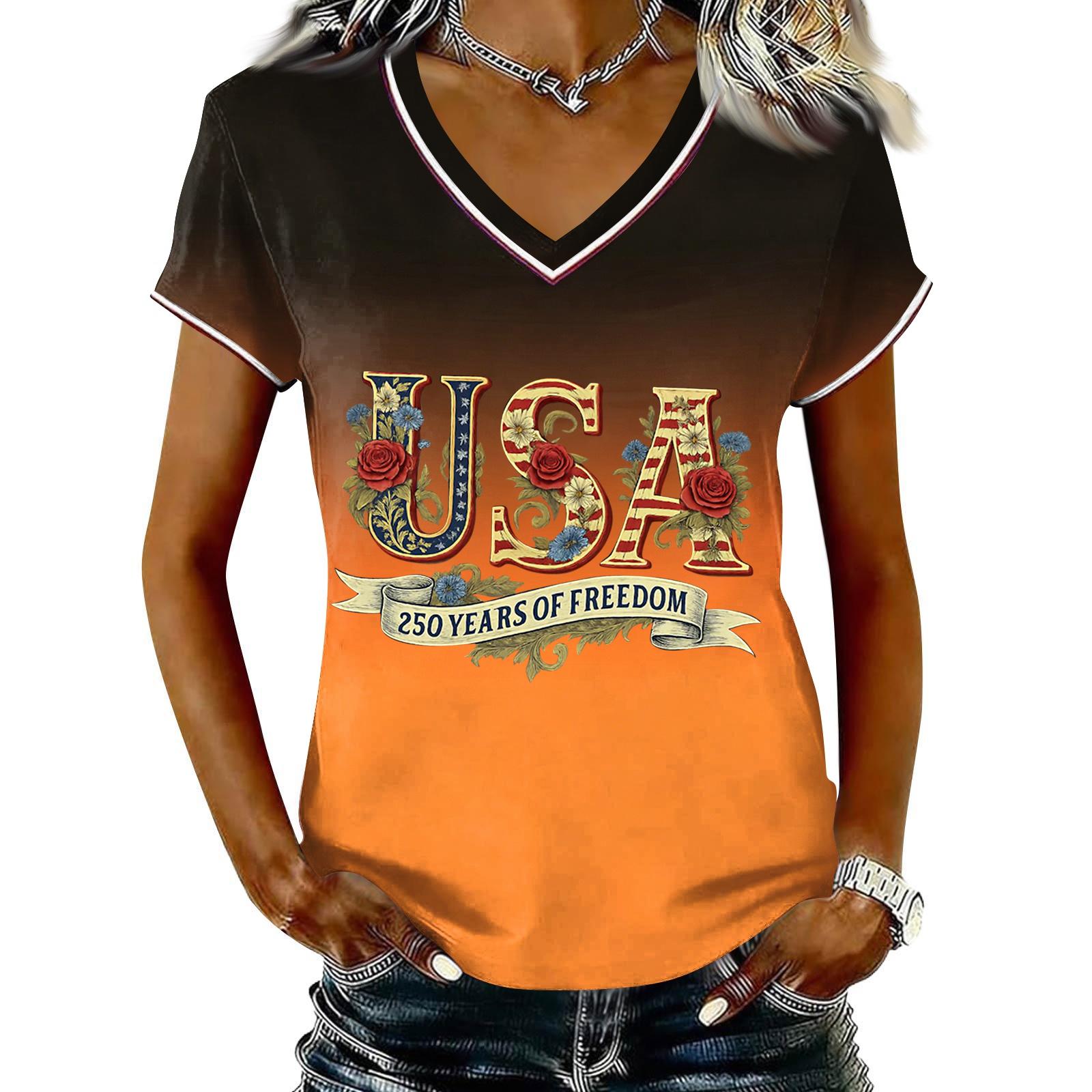 

Women s Casual V Neck Short Sleeve Pullover T Shirt Gradient Print USA Graphic Top Suitable for Daily Wear and Outdoor Activities M