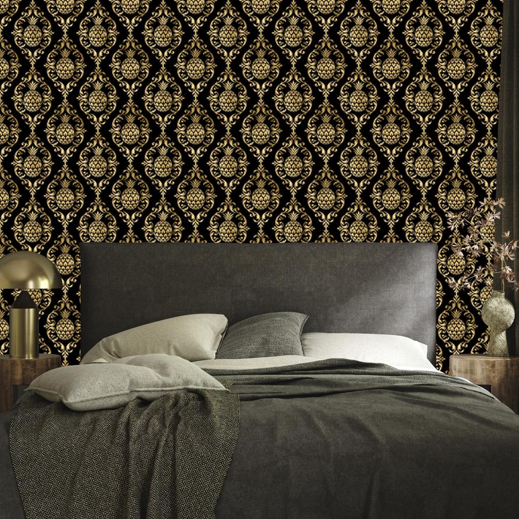 Black and Gold Tropical Ochre Pattern Wallpaper, Soft Shapes 50x1000