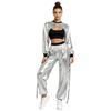 Hip Hop Dance Suit for Women Metallic Shiny Crop Top and Letter Print Cargo Pants for Jazz Disco Stage Bar Outfit