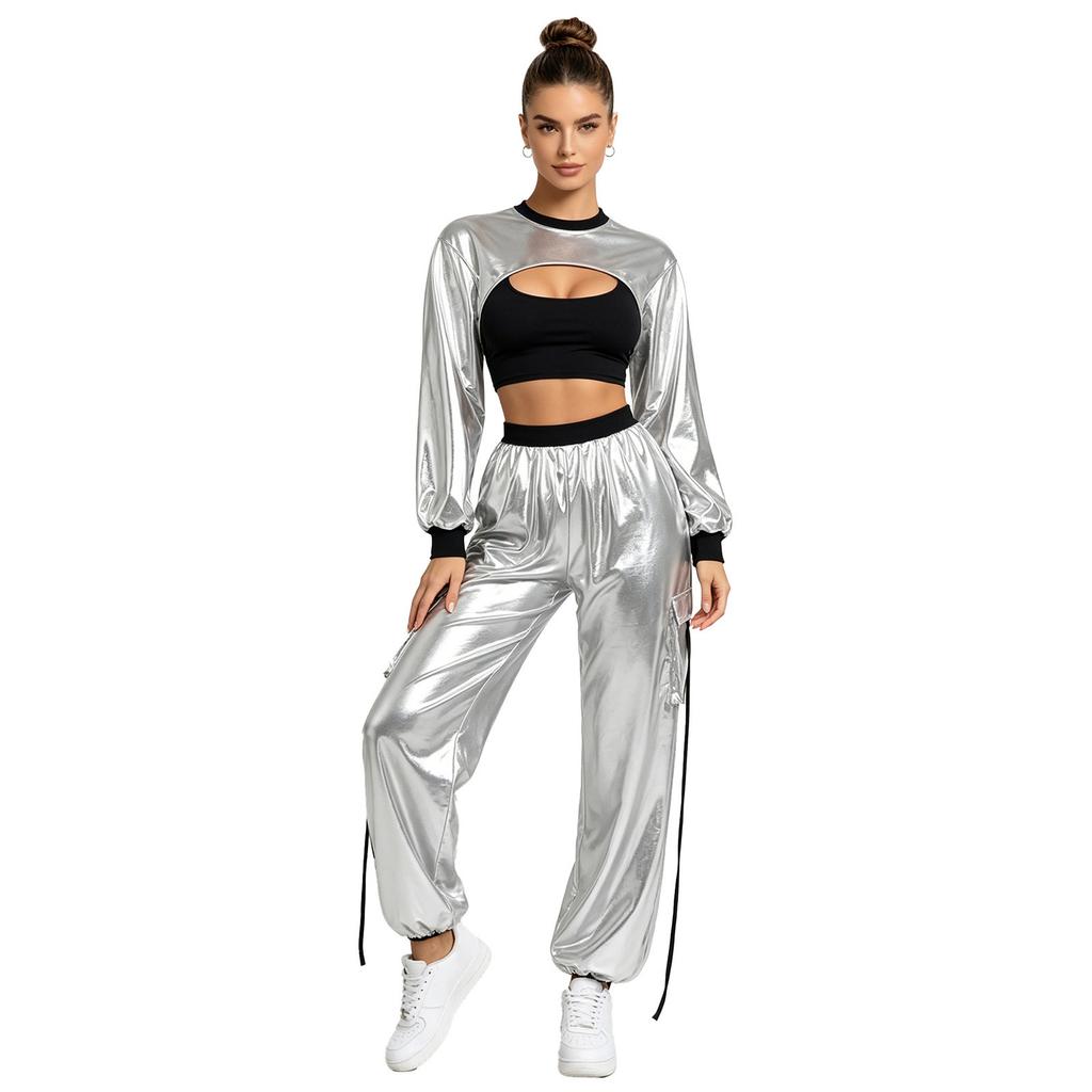 Hip Hop Dance Suit for Women Metallic Shiny Crop Top and Letter Print Cargo Pants for Jazz Disco Stage Bar Outfit
