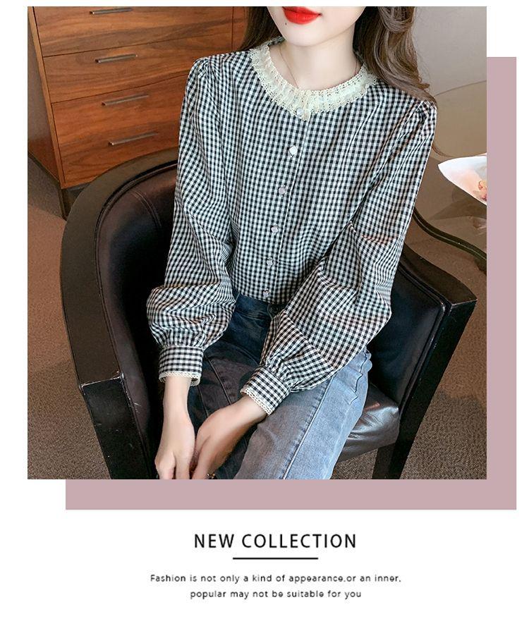 2025 Retro Checkered Lace Long Sleeve Shirt for Women - Spring/Autumn Round Neck Top