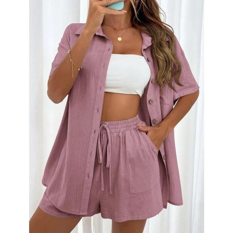 IHUASU Women's Fashion Casual Summer Spring Short Sleeve POLO Neck Pants Suits Elegant