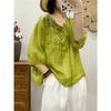 Summer Women's Round Neck Embroidered Cotton and Hemp T-shirt Short Sleeve Shirt Large Size Artistic Embroidered Casual Top