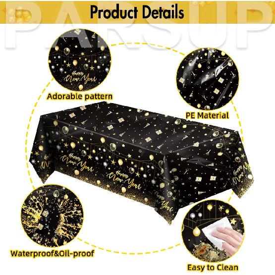 2PCS Happy New Year Tablecloth, Disposable Black Gold NYE Party Tablecloth Decorations, Rectangular Plastic New Year Table Cover NYE Theme Party
