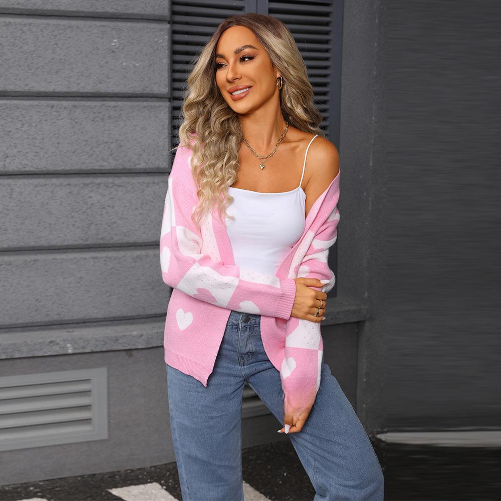 

Новый вязаный кардиган на День святого Валентина с V-образным вырезом в форме сердца и универсальное пальто для женщин XL розовый