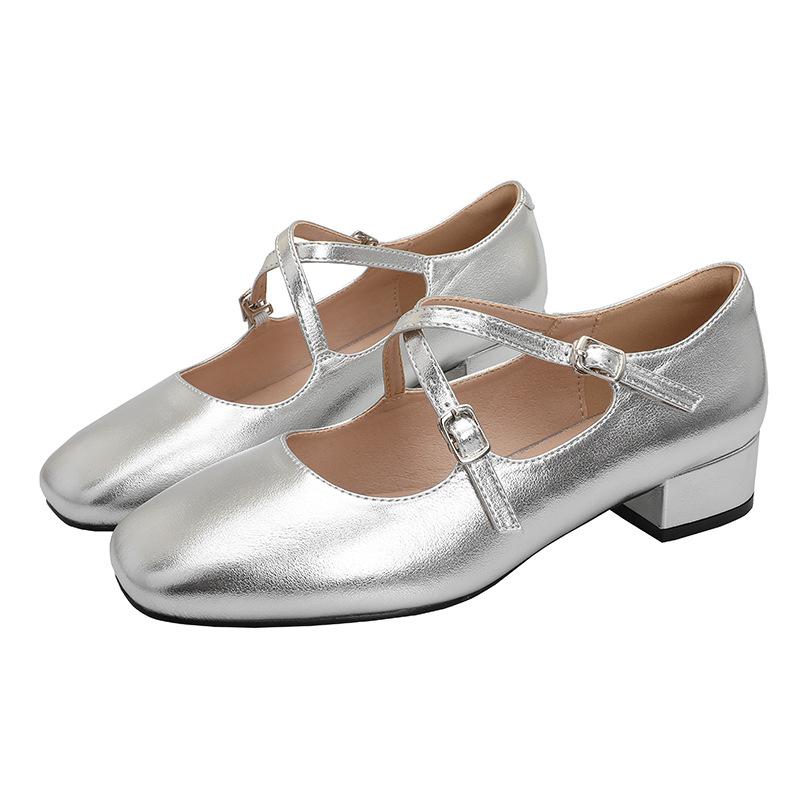 Retro Medium Thick Heel Women's Shoes Lightweight Mary Jane Shoes Cross Strap Square Toe Small Leather Shoes Shallow Mouth Casual Shoes