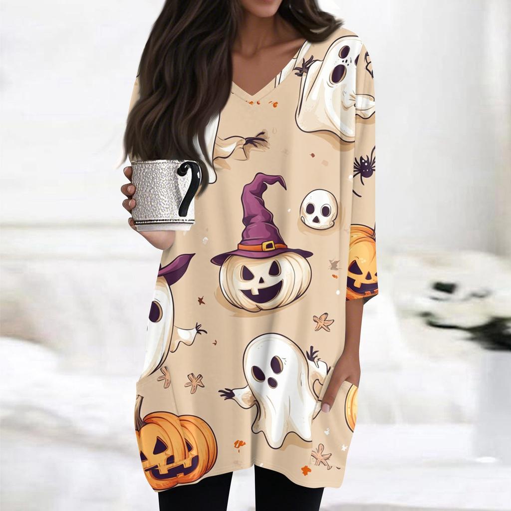 Womens Tops V-neck 3/4 Sleeve Blouses Casual Mid-length Shirts Fashion Halloween Print Tunic Tops With Pockets