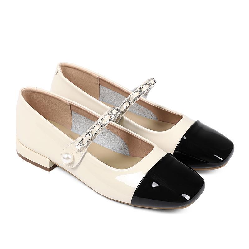 Fashion Luxury Gold/Silver Mary Janes Woman Low Heels Flats Shoes Chain Strap Ballet Loafers Female Cowhide Leather Patchwork Ballerinas