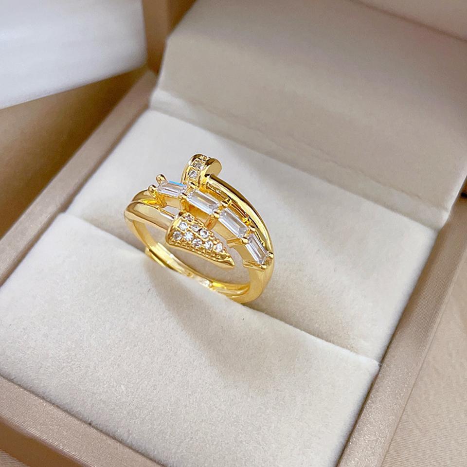ZAKOL Korean Fashion Three-layer Shiny Zircon Nail Open Ring for Women Engagement Wedding Party Zircon Gift