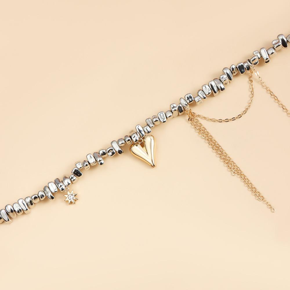 Personality Design Irregularity Beaded Heart Pendant Necklaces for Women Charm Punk Long Tassel Chokers Retro Jewelry Accessory