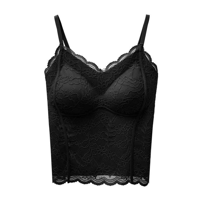 Women Romantic Lace Camisole Top With Built In Bra Pads Slim Fit Inner Wear