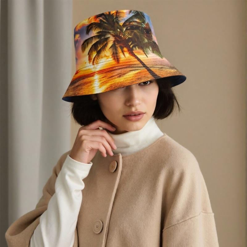 Soft Breathable Bucket Hat Sun Protective Caps with Tropical Scenery Print for Outdoor Activity and Travel Beach Vacation
