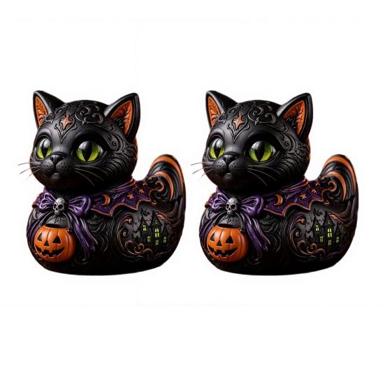 Halloween Duck Figurine Midnight Witches Cat Figurine, Spooky Black Statue Indoor Tabletop Display with Pumpkin Lantern, Decoration for Home