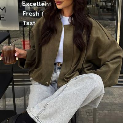 Vintage Lapel Zip Up Suede Jacket Women Retro Loose Oversized Casual Faux Suede Coat Streetwear Outerwear
