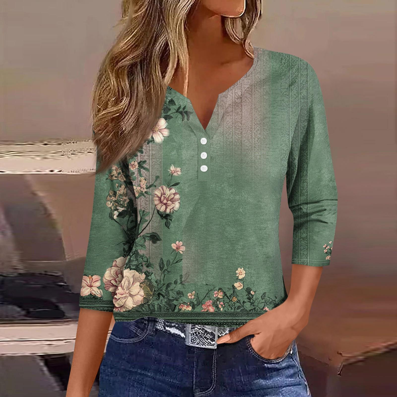 

Женский свободный повседневный топ с цветочным принтом и V-образным вырезом с рукавами семь четвертей Топ с V-образным вырезом и рукавами семь четвертей L