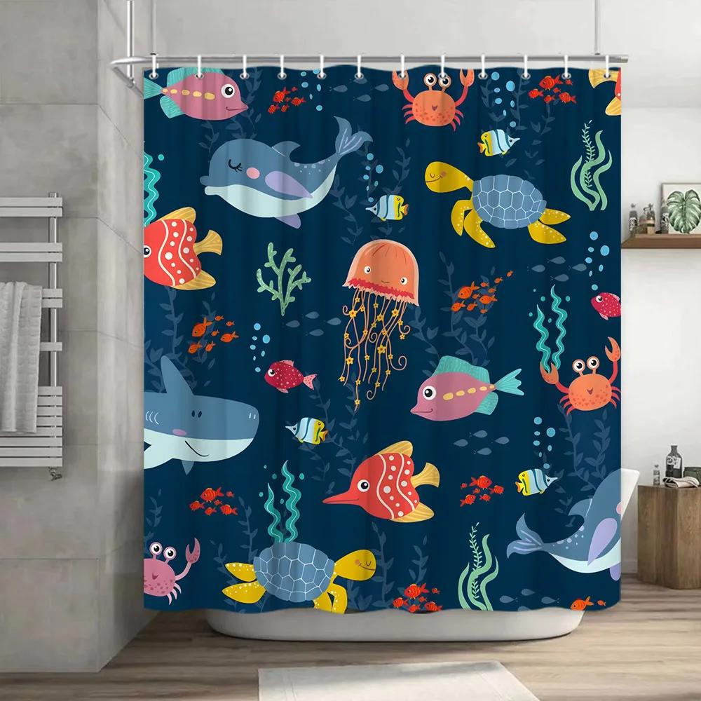 Funny Shower Curtain Brave Cat Cartoon Shower Curtain Waves Ocean Decor Fabric Shower Curtain Set with Hooks Bathroom Decoration