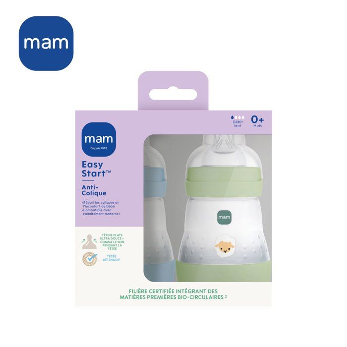 Lot de 2 Biberons - MAM - Easy Start - Anti-colique - 160 ml - Tétine débit 1 - Océan + Sable