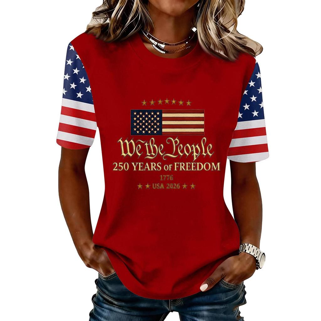 Blusa Feminina da Moda Casual de Manga Curta com Estampa e Gola Redonda