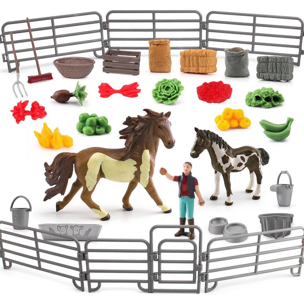 Cross-Border Children's Horse Farm Playset with Pinto Horse, Worker, Fence, Tools, Haystack, and Scene Decoration