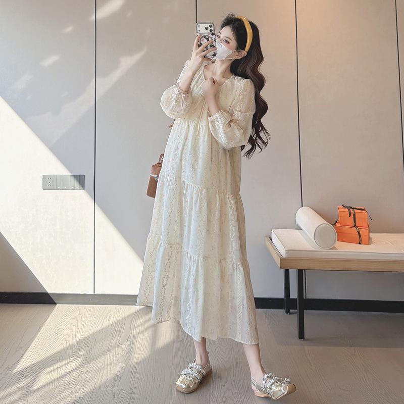 2026 Spring Fashionable Embroidered Korean-Style Sweet Maternity Long Dress Extra Large